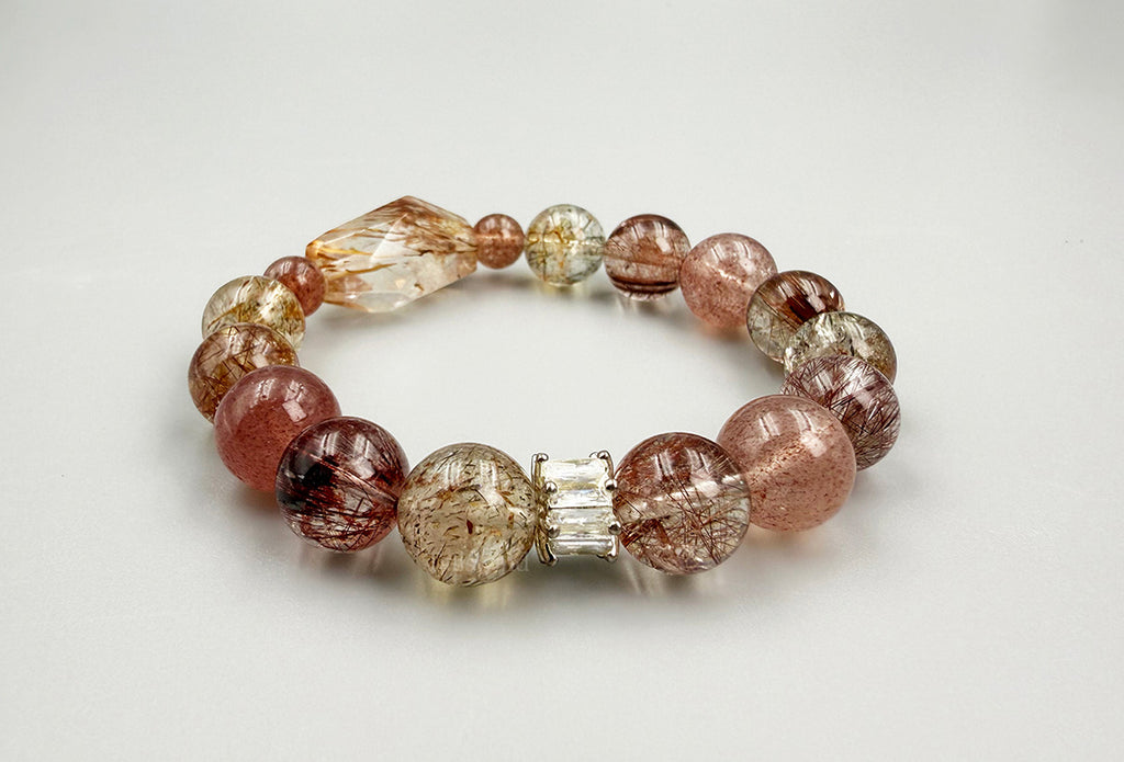 Radiant Weave Bracelet– Red Rutilated Quartz, Super Seven & Strawberry Quartz · Textured Pink & Gold