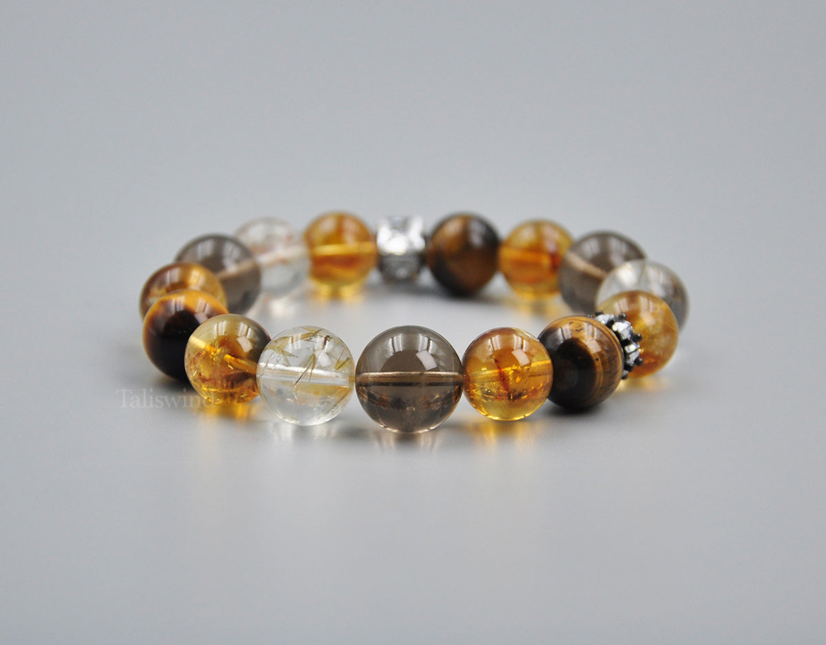 Earthlight Harmony – Yellow Quartz, Smoky Quartz, Tiger's Eye & Rutilated Quartz Power Bracelet