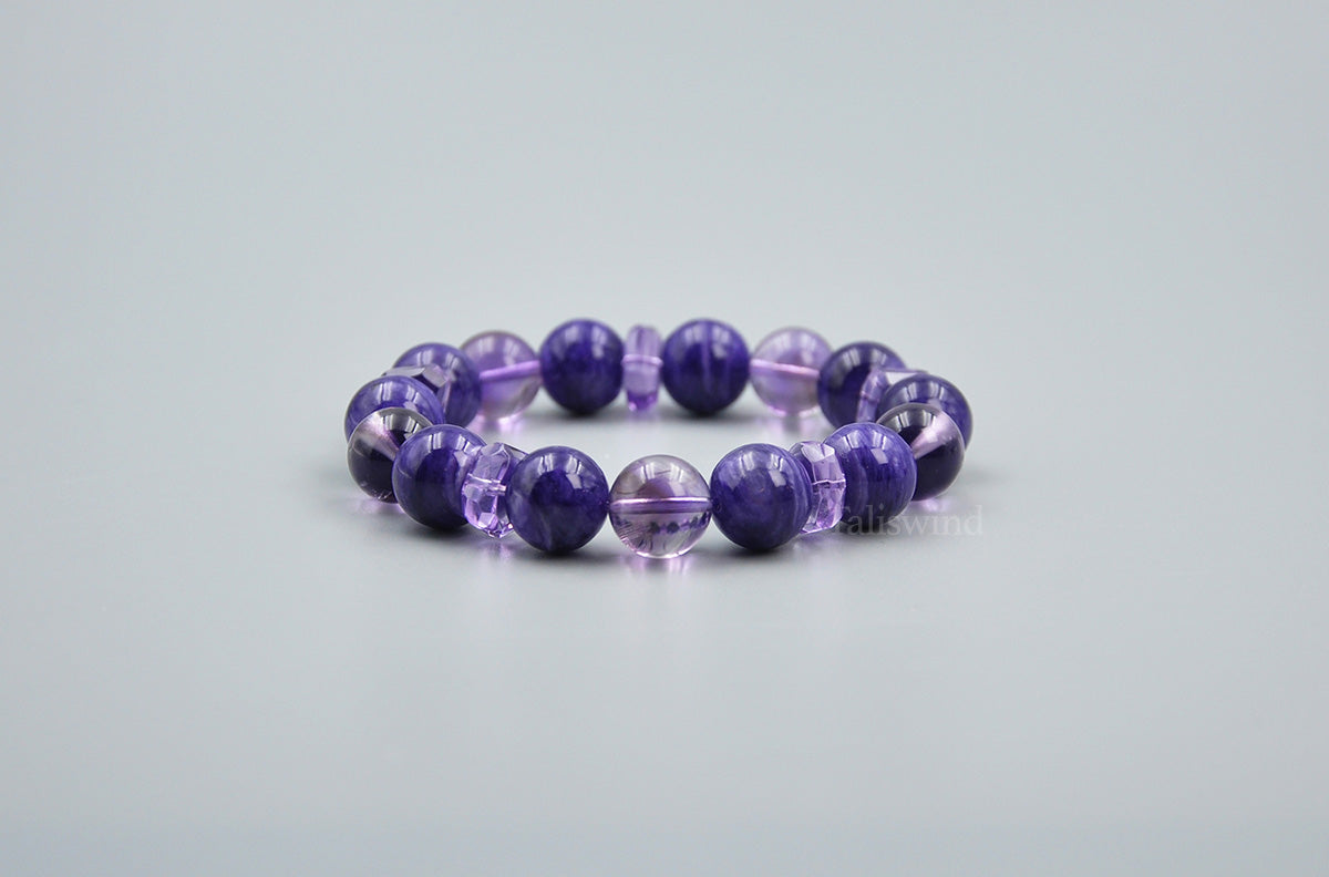 Divine Duality: Charoite & Chevron Amethyst Energy Bracelet Healing Harmony with Crown Chakra Alignment