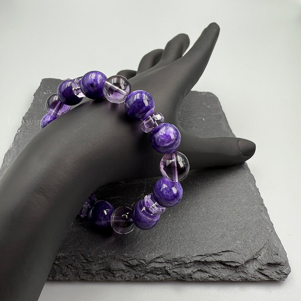 Divine Duality: Charoite & Chevron Amethyst Energy Bracelet Healing Harmony with Crown Chakra Alignment