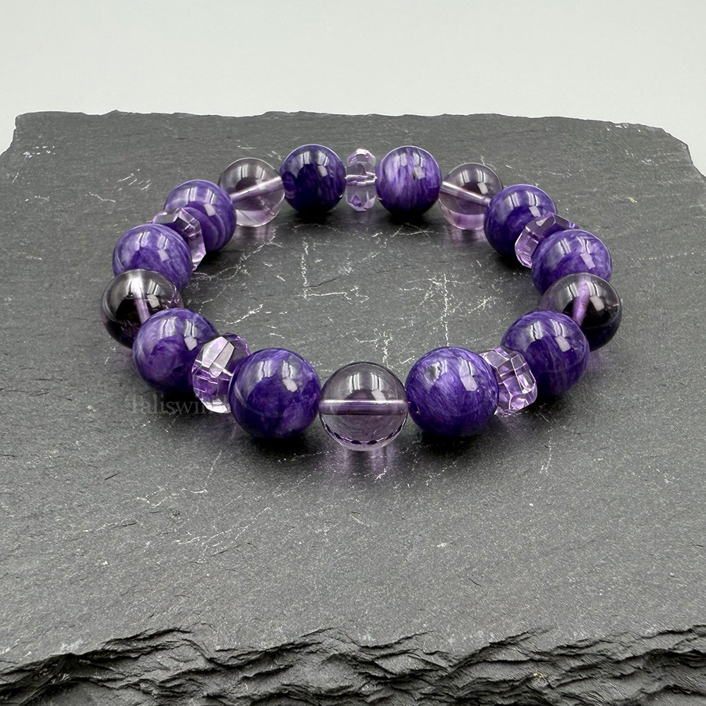 Divine Duality: Charoite & Chevron Amethyst Energy Bracelet Healing Harmony with Crown Chakra Alignment