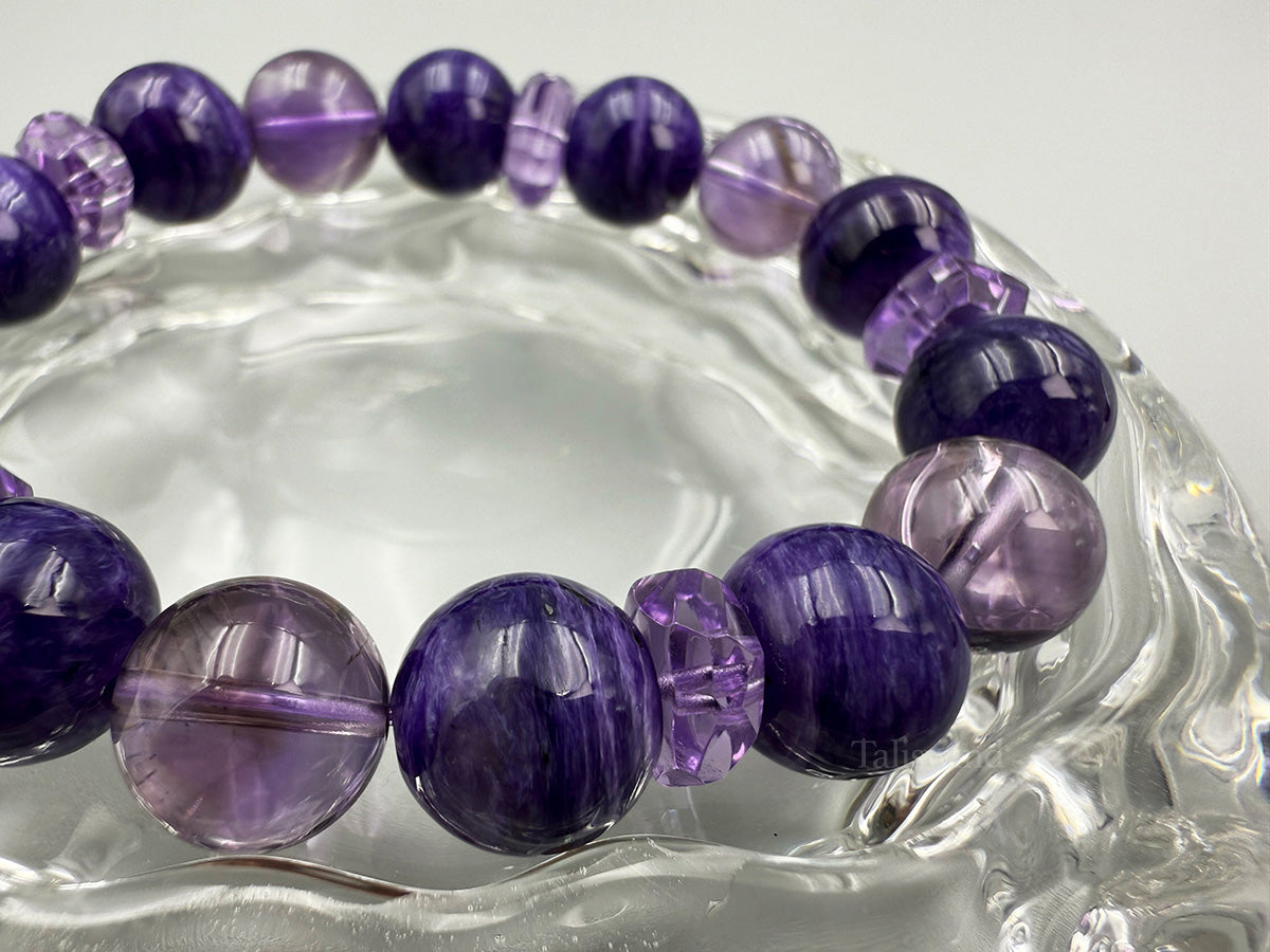 Divine Duality: Charoite & Chevron Amethyst Energy Bracelet Healing Harmony with Crown Chakra Alignment