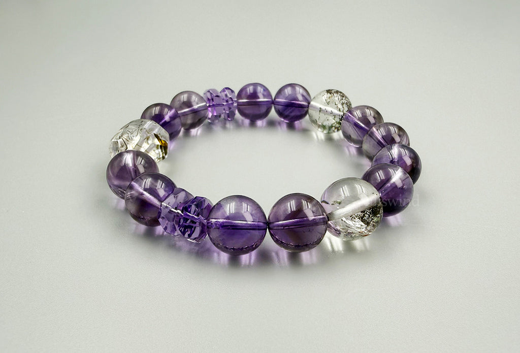 Mystic Clarity Bracelet – Chevron Amethyst, Garden Quartz & Rutilated Quartz · Purple & Green Palette