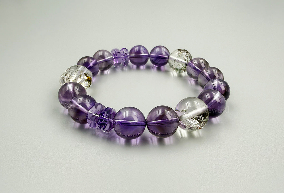 【Top Pick】Mystic Clarity: Chevron Amethyst, Garden Quartz & Rutilated Quartz Bracelet Awaken Your Inner Vision & Grounded Peace