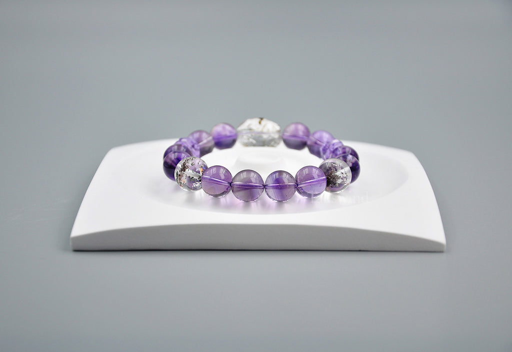 Mystic Clarity Bracelet – Chevron Amethyst, Garden Quartz & Rutilated Quartz · Purple & Green Palette