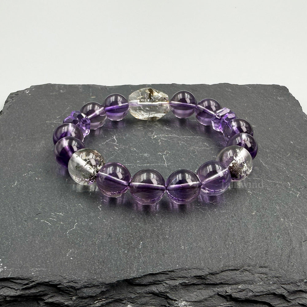 Mystic Clarity Bracelet – Chevron Amethyst, Garden Quartz & Rutilated Quartz · Purple & Green Palette
