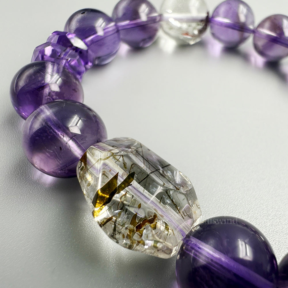 【Top Pick】Mystic Clarity: Chevron Amethyst, Garden Quartz & Rutilated Quartz Bracelet Awaken Your Inner Vision & Grounded Peace
