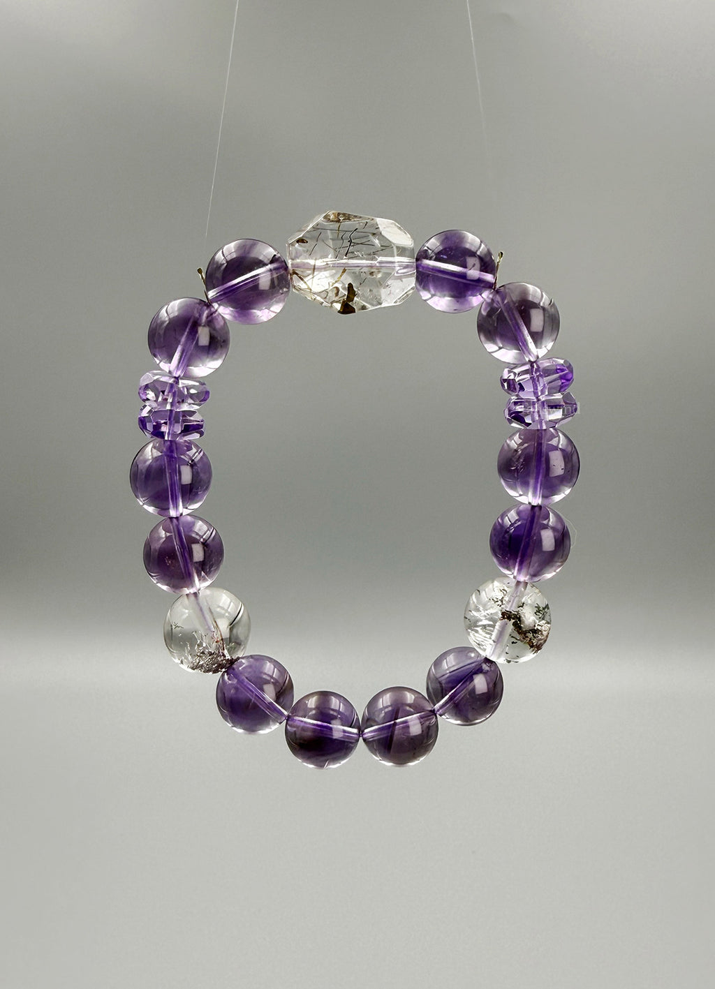 Mystic Clarity Bracelet – Chevron Amethyst, Garden Quartz & Rutilated Quartz · Purple & Green Palette