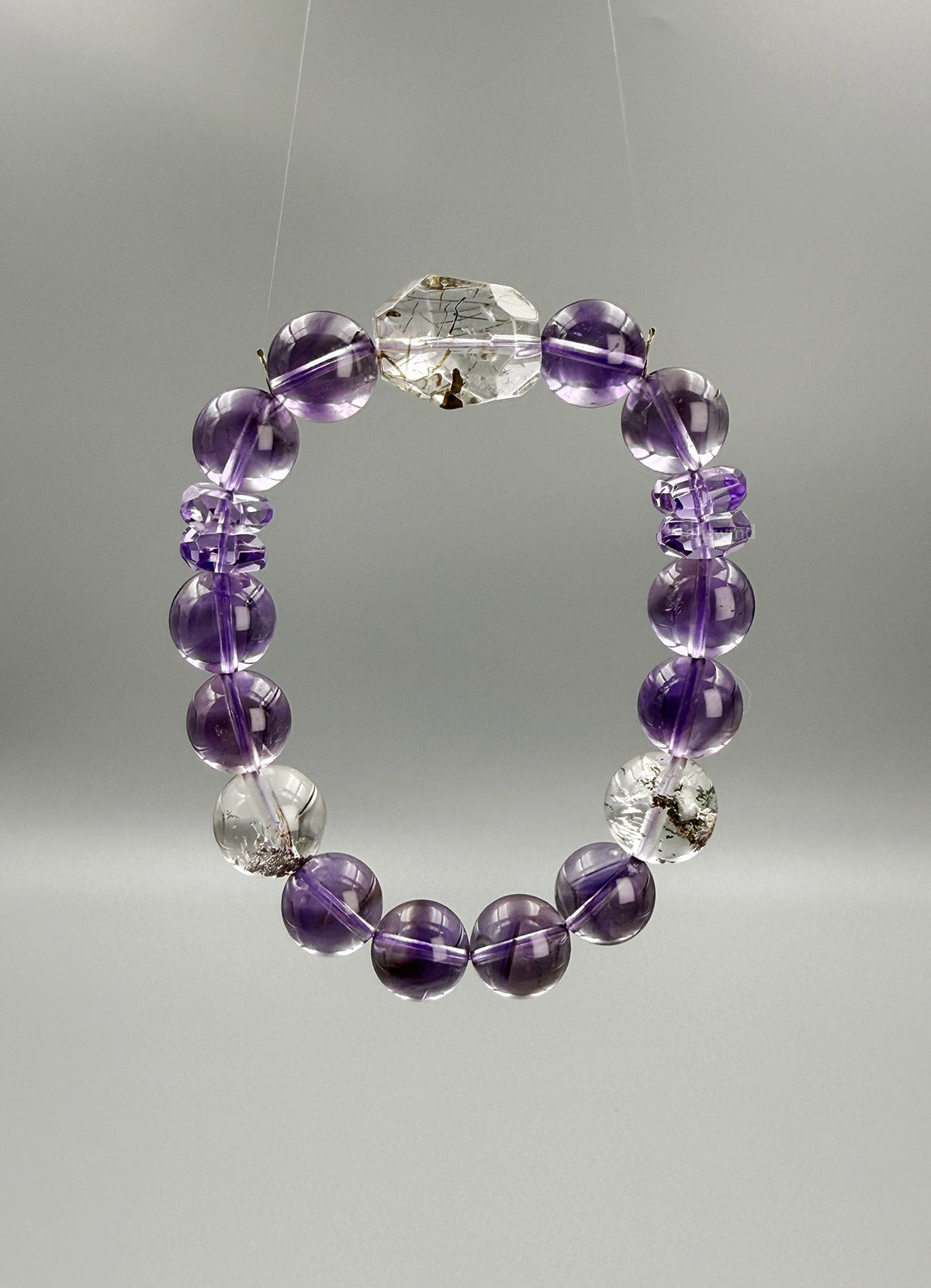 Mystic Clarity Bracelet – Chevron Amethyst, Garden Quartz & Rutilated Quartz · Purple & Green Palette